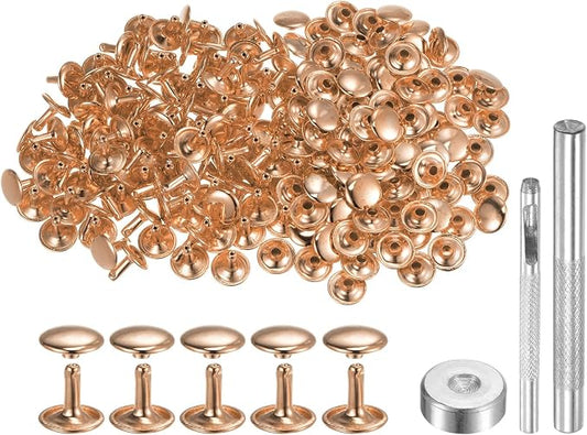HARFINGTON 100 Sets Leather Rivets 12 x 12mm Metal Double Cap Rivet Snaps Studs Fasteners with 3pcs Setting Tools for Leather Craft DIY Repair Decoration, Light Gold Tone