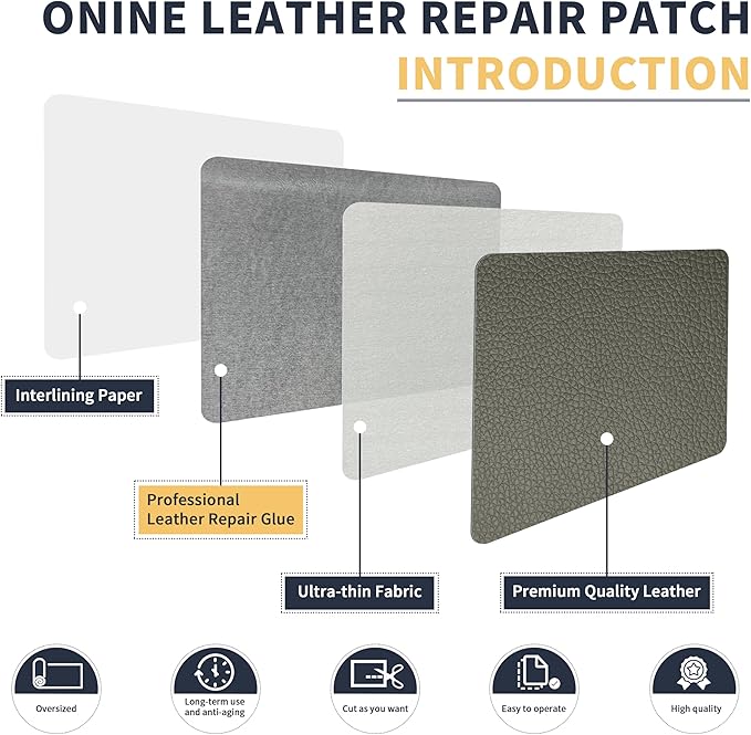 ONine Leather Repair Patch，Leather Repair Tape, 12 x 48 inches Leather Repair Patch for Furniture,Vinyl Repair Kit，Leather Couch Patch，for Sofas, Furniture, Car Seats, Office Chairs(Grey-Litchi Grain)