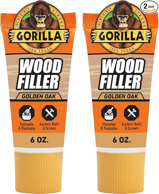 Gorilla All Purpose Wood Filler, Golden Oak Color, 6 Ounce Tube (Pack of 2) - Water Resistant for Indoor or Outdoor Projects and Repairs