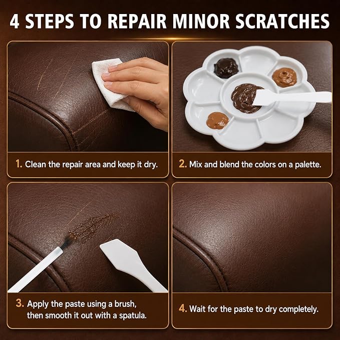 Brown Leather Repair Kit for Furniture, Car Seats, Couch, Steering Wheel, Leather and Vinyl Repair Kit with Super Easy Instructions, Efficiently Repairs Scratches, Peeling, Tears, Holes of All Leather