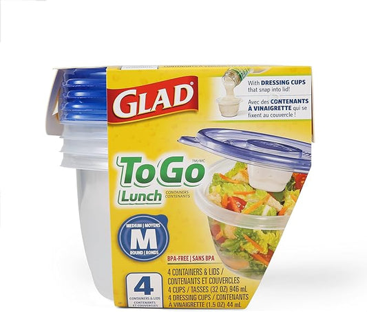 Glad GladWare To Go Lunch Food Storage Containers with Lids, Medium Round BPA Free Plastic with Built-In Dressing Cup for Salads and Lunches, Microwave Dishwasher Safe, 32 Oz, 4 Count - 6 Pack