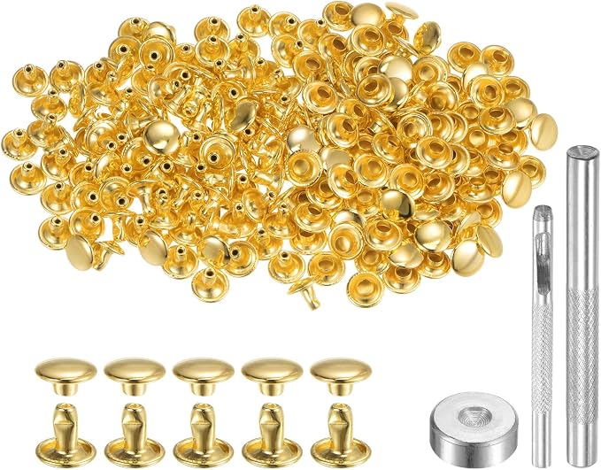 HARFINGTON 100 Sets Leather Rivets 6 x 8mm Metal Double Cap Rivet Snaps Studs Fasteners with 3pcs Setting Tools for Leather Craft DIY Repair Decoration, Gold Tone