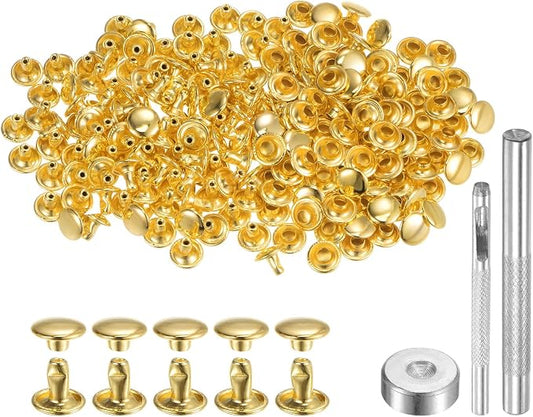 HARFINGTON 100 Sets Leather Rivets 6 x 8mm Metal Double Cap Rivet Snaps Studs Fasteners with 3pcs Setting Tools for Leather Craft DIY Repair Decoration, Gold Tone