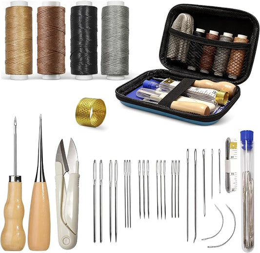 Leather Sewing & Upholstery Repair Kit with 2 Awls, Needles & Waxed Thread | for Stitching and Repairing Car Seats, Sofas, Carpets, Shoes and Bags, ideal for Canvas, Tents and DIY Leather Crafts