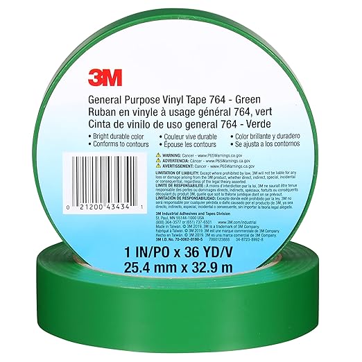 3M General Purpose Vinyl Tape 764, Green, 1 in x 36 yd, 5 mil, 1 Roll, Individually Wrapped Conveniently Packaged