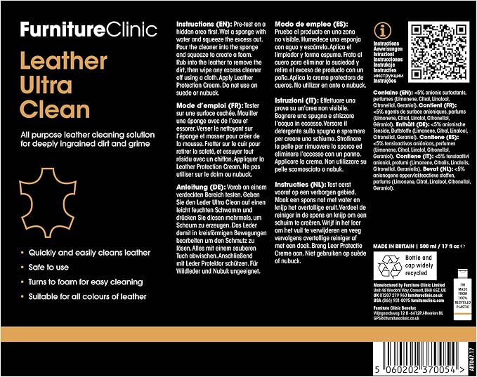 Furniture Clinic Leather Complete Restoration Kit | with Leather Recoloring Balm, Cleaner, 2-in-1 Protection Cream & Conditioner, Sponge, and Cloth | Repair Kit for Furniture (Medium Brown)