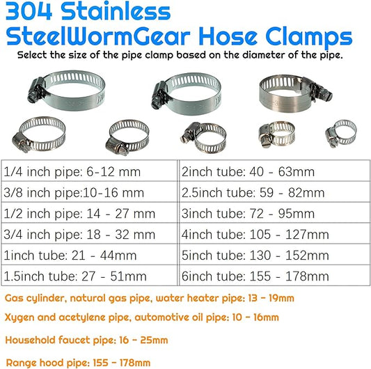 50pcs of 6-29 mm / 1/4 inch - 1-1/8 inch flexible hose clamps, 304 stainless steel worm-type hose clamps, suitable for pipes, intermediate coolers, water pipes, fuel pipes