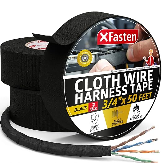 XFasten Wire Harness Tape, 3/4-Inch x 50-Foot (3-Pack), High Temp Wiring Loom Harness, Self-Adhesive Felt Cloth Electrical Tape for Automotive Engines, Noise Dampening, and Cable Protection