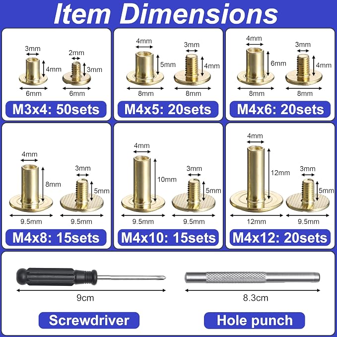 YORANYO 140 Sets Chicago Screws Leather Rivets Kit for Fabric Leather Crafting 6 Sizes Chicago Binding Screws for Decorate and Repair Belt Bag Shoes Purse Pet Collar Clothing Bookbinding (Gold)