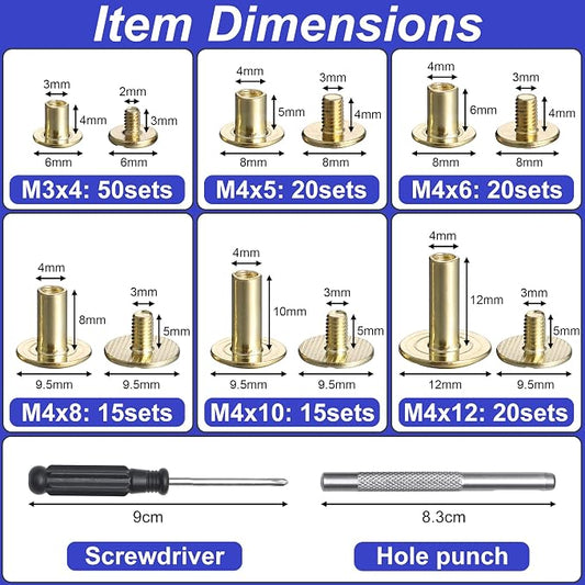 YORANYO 140 Sets Chicago Screws Leather Rivets Kit for Fabric Leather Crafting 6 Sizes Chicago Binding Screws for Decorate and Repair Belt Bag Shoes Purse Pet Collar Clothing Bookbinding (Gold)