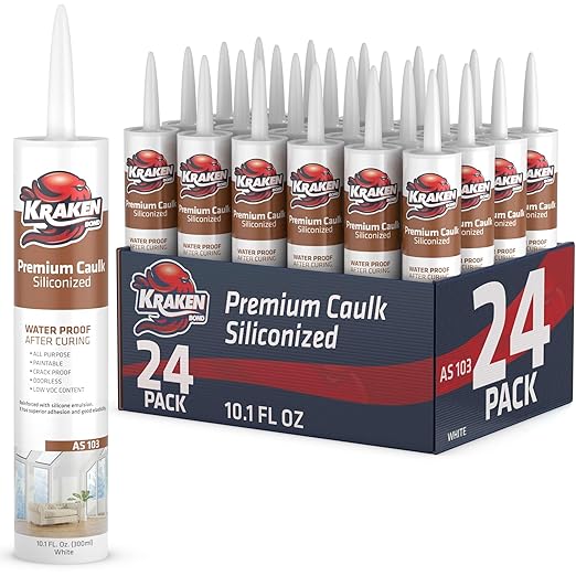 Kraken Bond Premium All Purpose Acrylic Latex Caulk - (24x10.1 fl. oz.) White Paintable Interior and Exterior Window Caulk, Baseboard, Trim, Kitchen and Bathroom - Waterproof, Odorless - 24 Pack