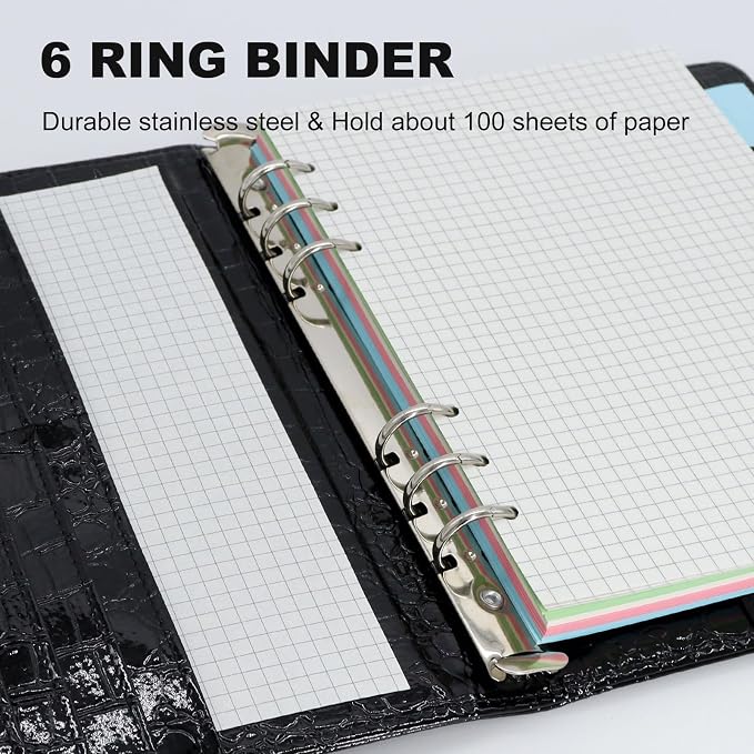 Convend A5/A6 Refillable 6 Ring Binder Cover,Crocodile-Embossed PU Leather with Magnetic Closure, Premium Look and Feel, Compatible with Standard Planner Inserts,(Black)