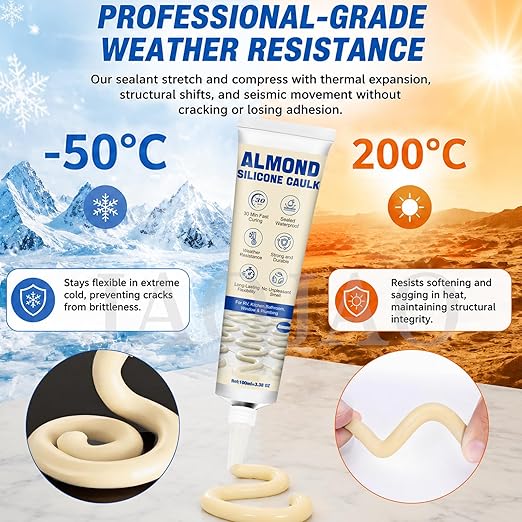 Almond Silicone Caulk, Almond Caulk, 100% Waterproof Sealant for Kitchen & Bathroom, Shrink & Crack Proof Caulking for Tub, Shower, Sink & Window, 30-Min Water Ready, 100ML