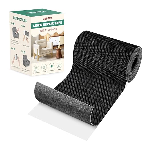 BESEZX Linen Fabric Repair Tape, 3x79 Inch Self Adhesive Repair Patches, Couch Fabric Tape for Furniture, Sofa, Chair, Upholstery.(Black)