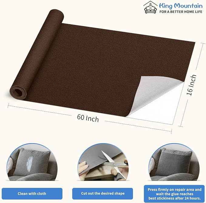 KING MOUNTAIN Canvas Repair Patch 16×60 Inch Self-Adhesive Waterproof Fabric Patch for Sofas, Tents, Furniture,Tote Bags, Car Seats (Dark Brown)