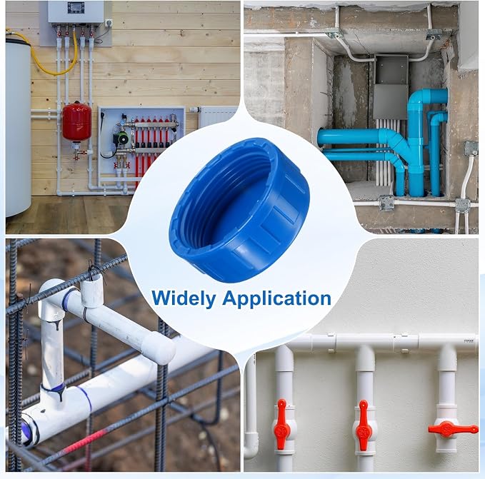 uxcell 5Pcs 1-1/2 Inch PT Female Thread PVC Pipe Fitting Cap, Cleanout Water Drain End Caps, Pipe Plug Socket Fittings with Tape for Water Heater Supply Lines, Plumbing, Blue