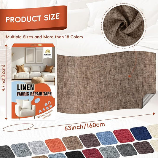 Linen Fabric Repair Tape 4.7x63 Inch, Self Adhesive Couch Patch Repair Fabric Tape for Furniture, Linen Patch Kit for Couch, Carpet, Upholstery, Chair, Sofa, Cushion, Bag (Light Brown)