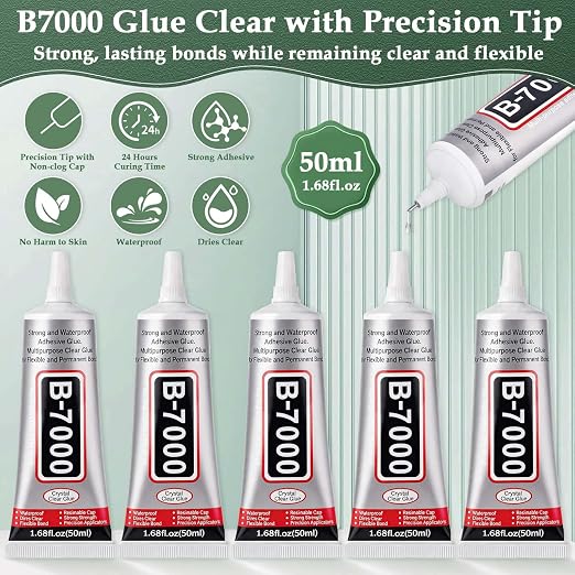 B7000 Glue Clear with Precision Tip for Rhinestones, 5Pcs 50mL/1.68 fl oz | Strong Adhesive Jewelry Bead Gem Glue, Quick Dry Bedazzling Glue for Jewelry Making Repair Fabric Clothes Shoes DIY Crafts