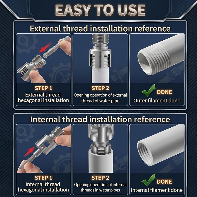 KIMPOK PVC Pipe Threader Tool Set, NPT Dies for 1/2, 3/4, 1 in Pipe | Heavy duty carbon steel NPT dies with 1/4 hex shank, internal pipe wrench and 2 seal tapes for drill powered PVC repair
