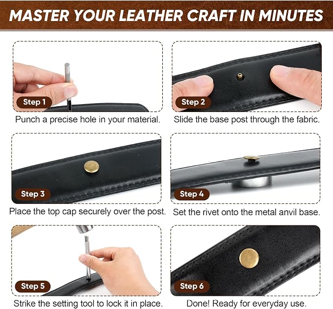 Domthent Leather Rivets Kit, 370 Sets Brass Double Cap Rivets with Full-Size Leather Working Tools for 5 Sizes, Perfect for Leather Crafting, Clothing, Bag, Shoe Repair and DIY Decoration (Bronze)