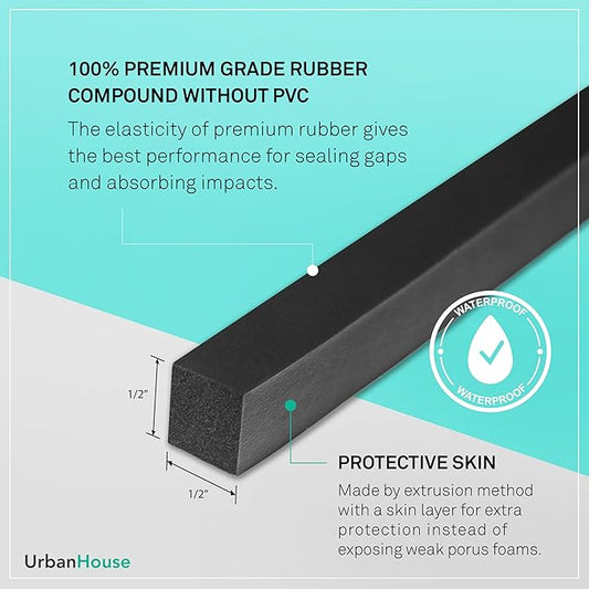 Neoprene Waterproof Rubber Foam 1/2” (w) x 1/2” (h) x 12 feet Long Weather Stripping Door Seal Insulation Shock-Absorbing 3M Self-Adhesive Tape for Door Frames, Windows – Black, 1 Continuous Roll