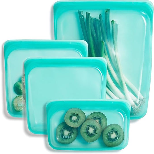 Stasher Silicone Reusable Food Storage Bags, 4-Pack, Reusable Freezer Bags, Microwave, Dishwasher, Oven Safe, Sous Vide, Premium Lunch Containers, Eco Friendly, Snack Bag, Food-safe Silicone, Aqua