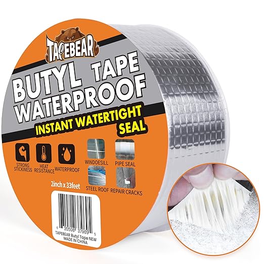 TAPEBEAR Butyl Tape Waterproof Sealant Tape 2inch x33feet, Aluminum Foil Duct Sealing Tape for RV Roof Repair, Boat and Pipe Sealing, Silicone, Glass & EDPM Roof Leak Patching, Silver