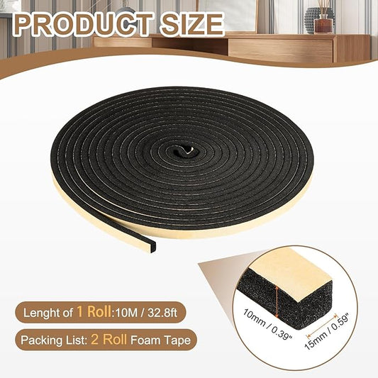 PATIKIL Foam Insulation Tape, 2Pcs 5/8" W x 3/8" t x 32.8FT Self Adhesive Weather Stripping Door Seal Strip for Door Window Air Conditioning, Black