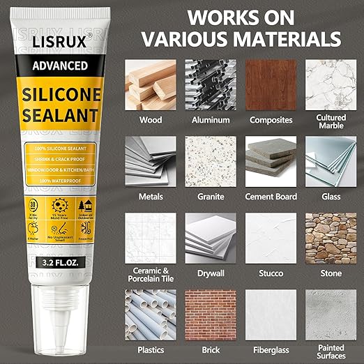 LISRUX Advanced White Silicone Caulk for Kitchen & Bathroom - 2 Pack (3.2 Fl Oz Each) | 100% Waterproof Silicone Sealant | Super Strong Adhesion, Shrink & Crack Proof