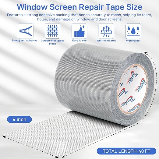 Window Screen Repair Tape 4 in x 40 FT Fiberglass Strong Adhesive Screen Patch, Waterproof Mesh Repair Kit for Window & Door Screen Holes Tears - Gray