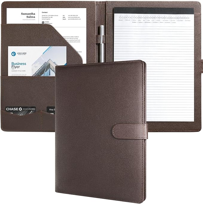 Mymazn Padfolio Portfolio Folder, Faux Leather Interview Resume Folder with Document Organizer & Business Card Holder, Letter-Sized Notepad Legal Pad Holder for Men Women (Coffee)