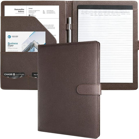 Mymazn Padfolio Portfolio Folder, Faux Leather Interview Resume Folder with Document Organizer & Business Card Holder, Letter-Sized Notepad Legal Pad Holder for Men Women (Coffee)