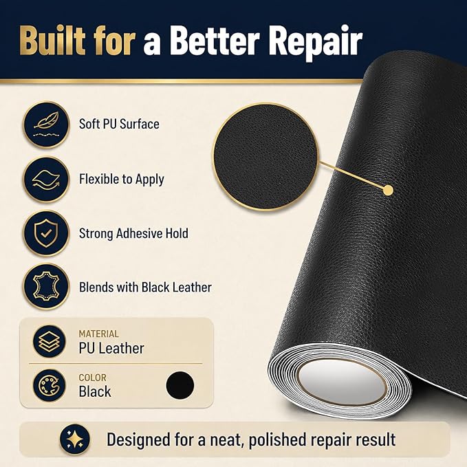 CHEIGHY Leather Repair Kit for Furniture - Advanced PU, Strong Self Adhesive Leather Repair Patch for Couch 17X157 inch Vinyl Repair Tape for Car Seat Sofa Office Chair (Black)
