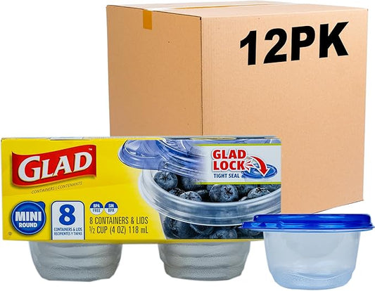 Glad GladWare Mini Round Food Storage Containers with Lids, Small BPA Free Reusable Plastic Snack Containers with Lock Tight Seal for Lunch, Portion Control, and On the Go, 4 Oz, 8 Count - 12 Pack