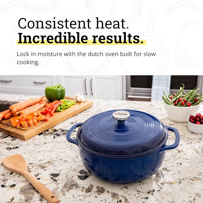 Lodge Essential Enamel Cast Iron Dutch Oven 6 Quarts - Perfect for Bread Baking, Braising, Marinating & Slow Cooking, Features Moisture-Sealing Lid & Dual Handles, Kitchen Essentials, Indigo