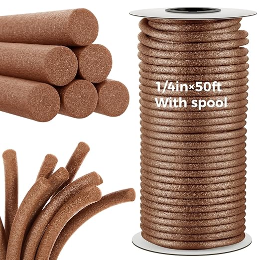 MotiMind 1/4 Inch x 50 ft Foam Backer Rod for Gaps Joints Concrete Crack Filler Caulk Saver Bulk Foam Backing Rod Concrete Filler Rope for Weather Stripping Door Seal (Brown)