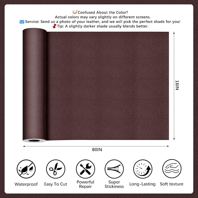 Coffee Leather Repair Tape, 16x80 Inch Leather Repair Patch Self-Adhesive, Waterproof Faux Leather Patch, Vinyl Repair Tape for Couch, Sofas, Furniture, Office Chair, Car Seats