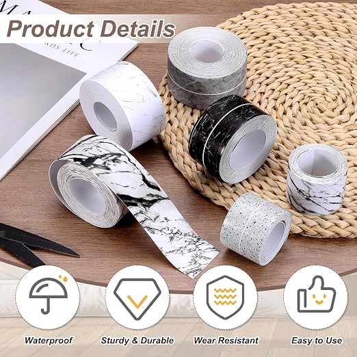 uxcell Caulk Tape Waterproof, 1.42 Inch x 4.92 ft Self-Adhesive Sealant Sealing Strip Caulking Sealant Tape PVC with Tool for Kitchen Sink Toilet Bathroom Bathtub Floor, Black Marble