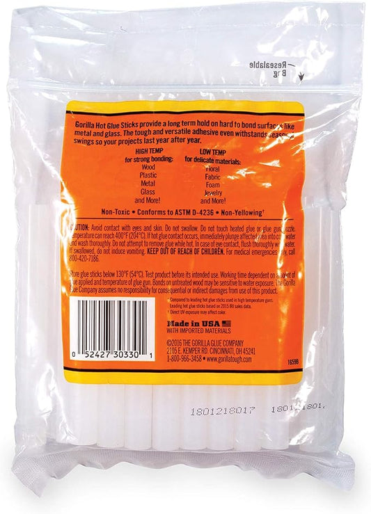Gorilla Hot Glue Sticks, Full Size, 4" Long x .43" Diameter, 30 Count, Clear, Bonds: Wood, Metal, Glass, Plastic, Floral, Fabric, Leather, Foam, and More (Pack of 1 with 30 Glue Sticks)