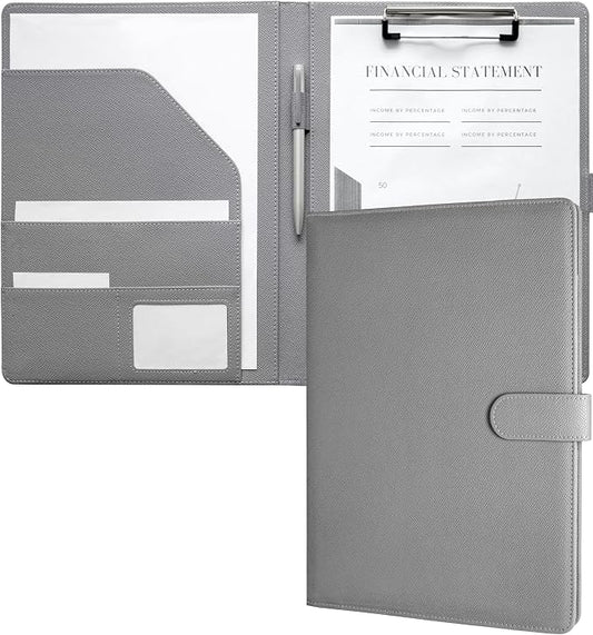 Zreal Padfolio Portfolio Binder with Clipboard & Card Holder, Faux Leather File Folder, Folio Resume Paper Organizer for A4 Letter Size Document, Legal Pad Holder for Women Man (Grey)