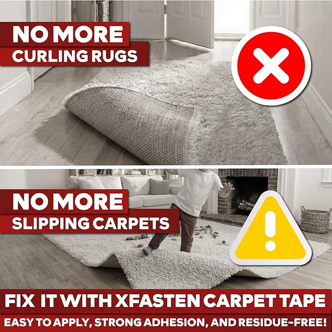 XFasten Double Sided Carpet Tape for Area Rugs, 4 Inch x 30 Yards – Heavy Duty Anti Slip Rug Grip Tape, Works as Rug Gripper, Residue Free, Wood Safe, Easy Removal for Hardwood and Laminated Floors