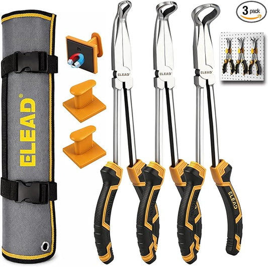 3-Piece 11" Hose Gripper Plier Set, Long Reach Hose Gripping Pliers, 5/16-Inch, 1/2-Inch, 3/4-Inch Diameter, Spark Plug Boot Removal Pliers, Serrated Jaws for Hard to Reach Tight Spaces