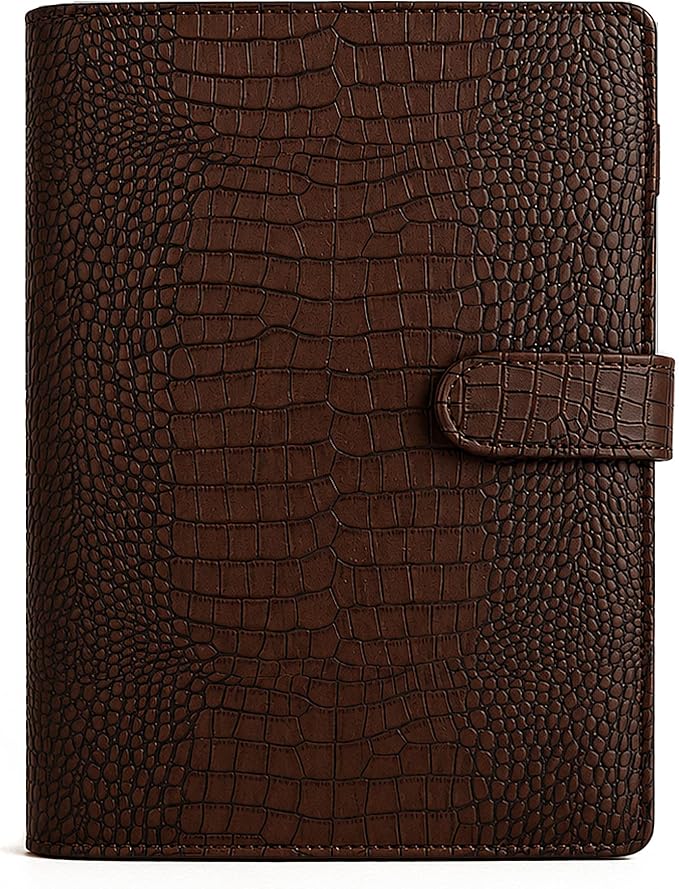 Convend A5/A6 Refillable 6 Ring Binder Cover, Crocodile-Embossed PU Leather with Magnetic Closure, Premium Look and Feel, Compatible with Standard Planner Inserts,(Brown)