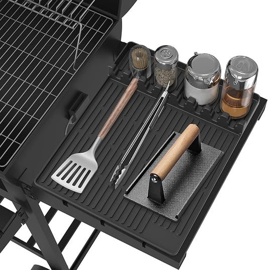 Silicone Grill Mat Compatible with Blackstone, BBQ Griddle Tools Mat with Drip Pad, Large Spatula Holder for Outdoor Kitchen Counter, Gifts for Men (Black)