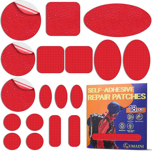 Down Jacket Repair Patch Kit, Outdoor Gear Tenacious Repair Tape, Self Adhesive Fabric Patches for Clothes, Waterproof Ripstop Nylon Fabric Patch for Puffer Jacket, Coat, Tent (18 Pcs, Red)