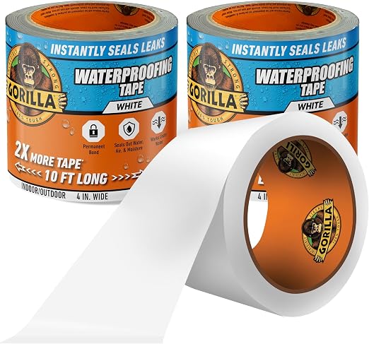Gorilla Waterproof Patch & Seal Tape, White Tape, 4" x 10' - Permanent Weather Resistant Seal for Leaks and Repairs (Pack of 16)