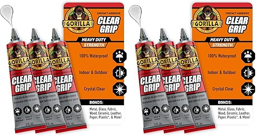Gorilla Clear Grip Waterproof Contact Adhesive; Fast-Setting; Waterproof; Flexible; Permanent Bond; 3 Ounce Tube; Crystal Clear (Pack of 6)
