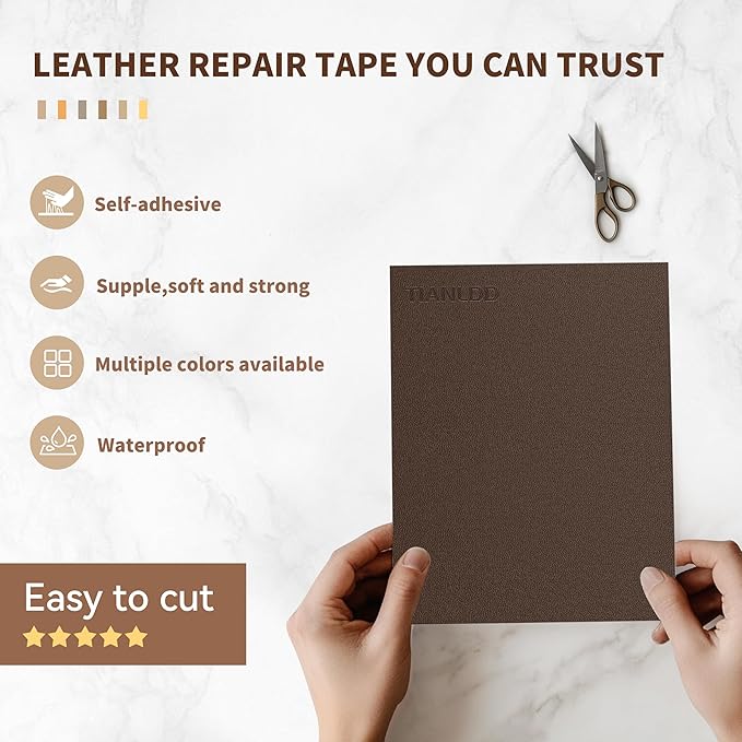 TIANLDD Leather Repair Tape,16 x 80 Inches Self Adhesive Leather Repair Patch，Leather Repair Kit for Furniture，Couches,Car Seats,Cabinets,Handbags(Dark Brown-Fine Lines)