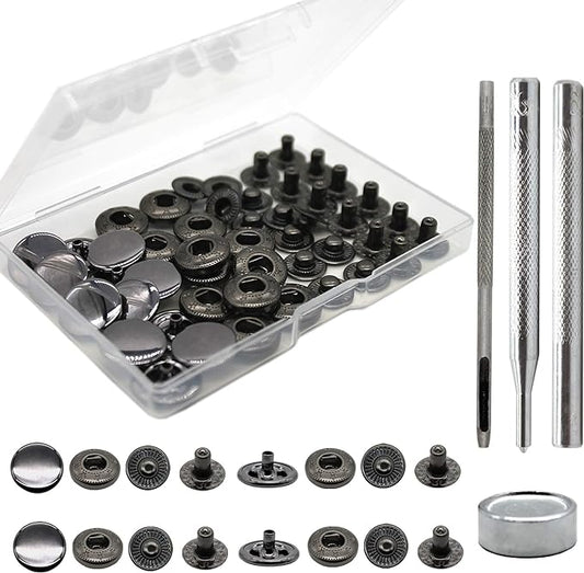 Raydodo 12 Set Leather Snap Fasteners Kit, 15mm Metal Snap Buttons Kit Press Studs with 4 Install Tools, Rivets and Snaps for Clothing, Jeans, Jackets, Bracelets, Bags (Black)