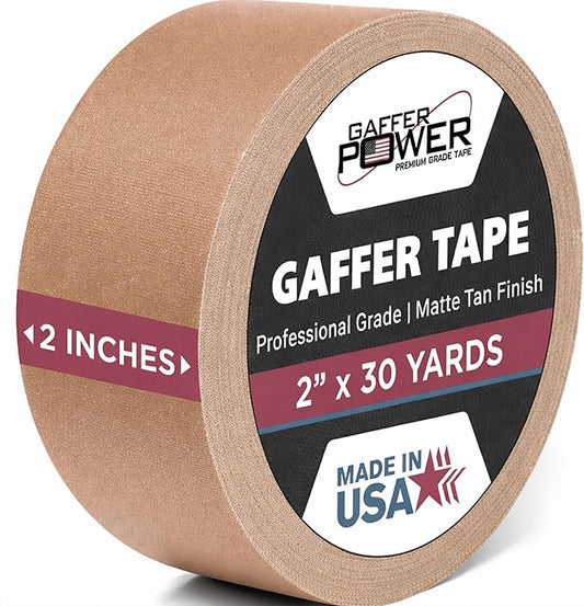 Gaffer Power Proudly Made in The USA, Real Professional Grade Gaffer Tape, Heavy Duty Gaffers Tape, Non-Reflective, Multipurpose. 2 Inches x 30 Yards, Tan